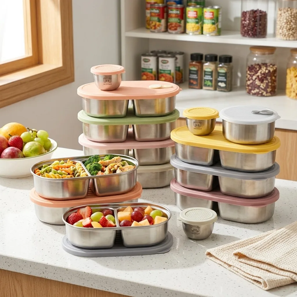 Food Storage With Dividers - Mikrowellengeeignete Bento-Lunchbox aus Edelstahl 304, auslaufsichere,